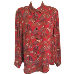 Vintage 80s Fall Feather Red Button Down Blouse Plus Size 18